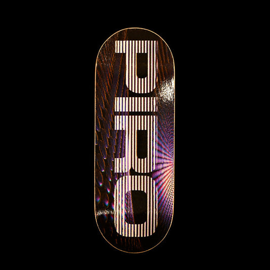 Skateboard deck with a reflective surface and 'Piro' branding on a black background